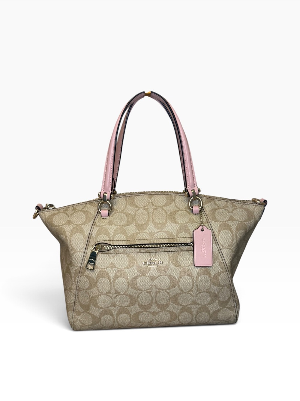 Coach Prairie Satchel 79998 Signature Canvas Khaki Pink Leather Handbag
